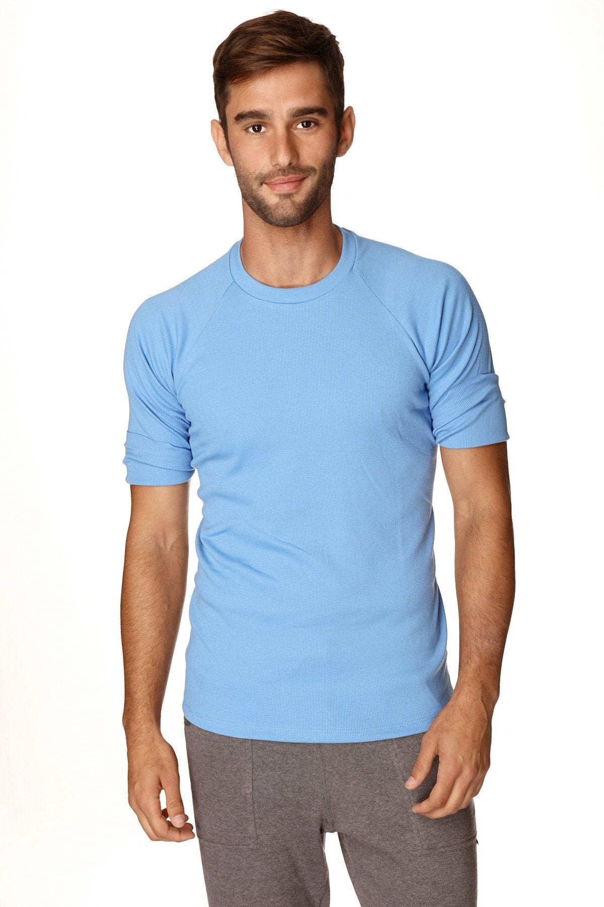 Light blue hybrid crew neck raglan tee with short sleeves and smooth fabric finish for casual wear