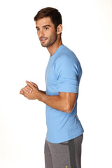 Light blue short-sleeved hybrid crew neck raglan athletic tee designed for comfort and performance