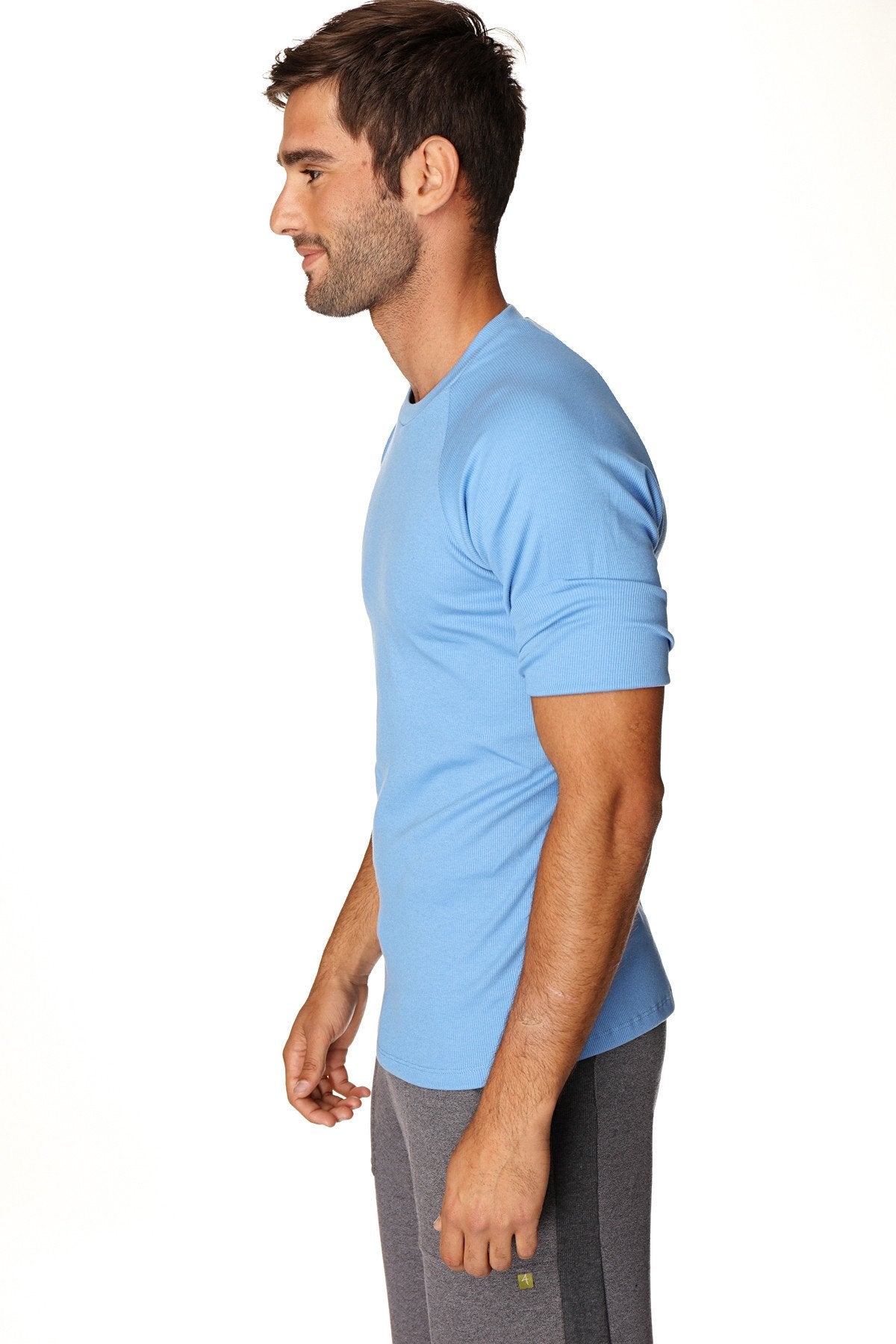 Light blue hybrid crew neck raglan tee with short sleeves and subtle ribbed detailing at the cuffs