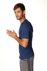 A navy blue short-sleeved hybrid crew neck raglan tee with subtle ribbed texture for athletic use