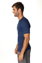 Navy blue short-sleeved hybrid crew neck raglan athletic tee designed for comfort and performance