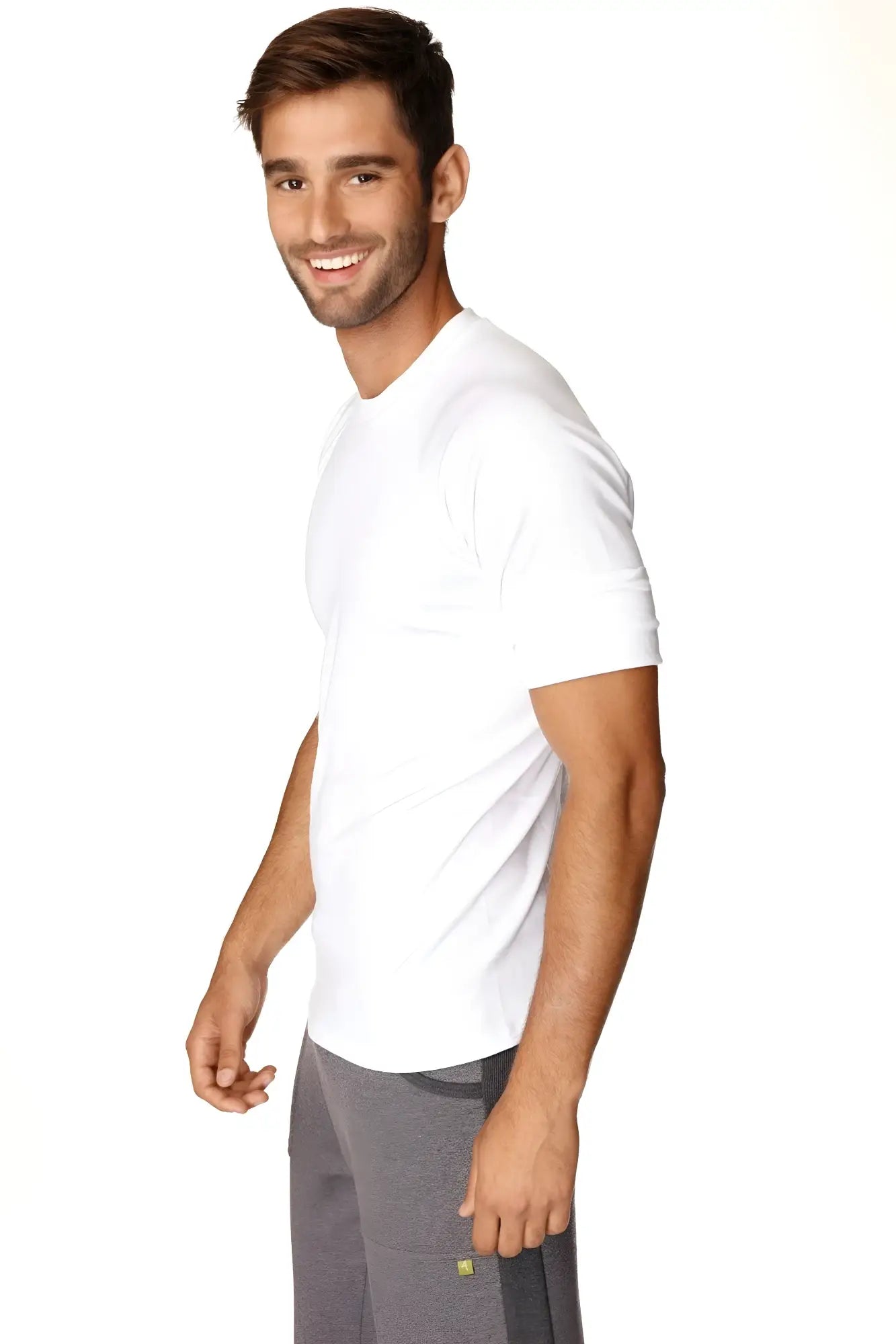 White hybrid crew neck raglan tee with short sleeves made from soft breathable cotton blend