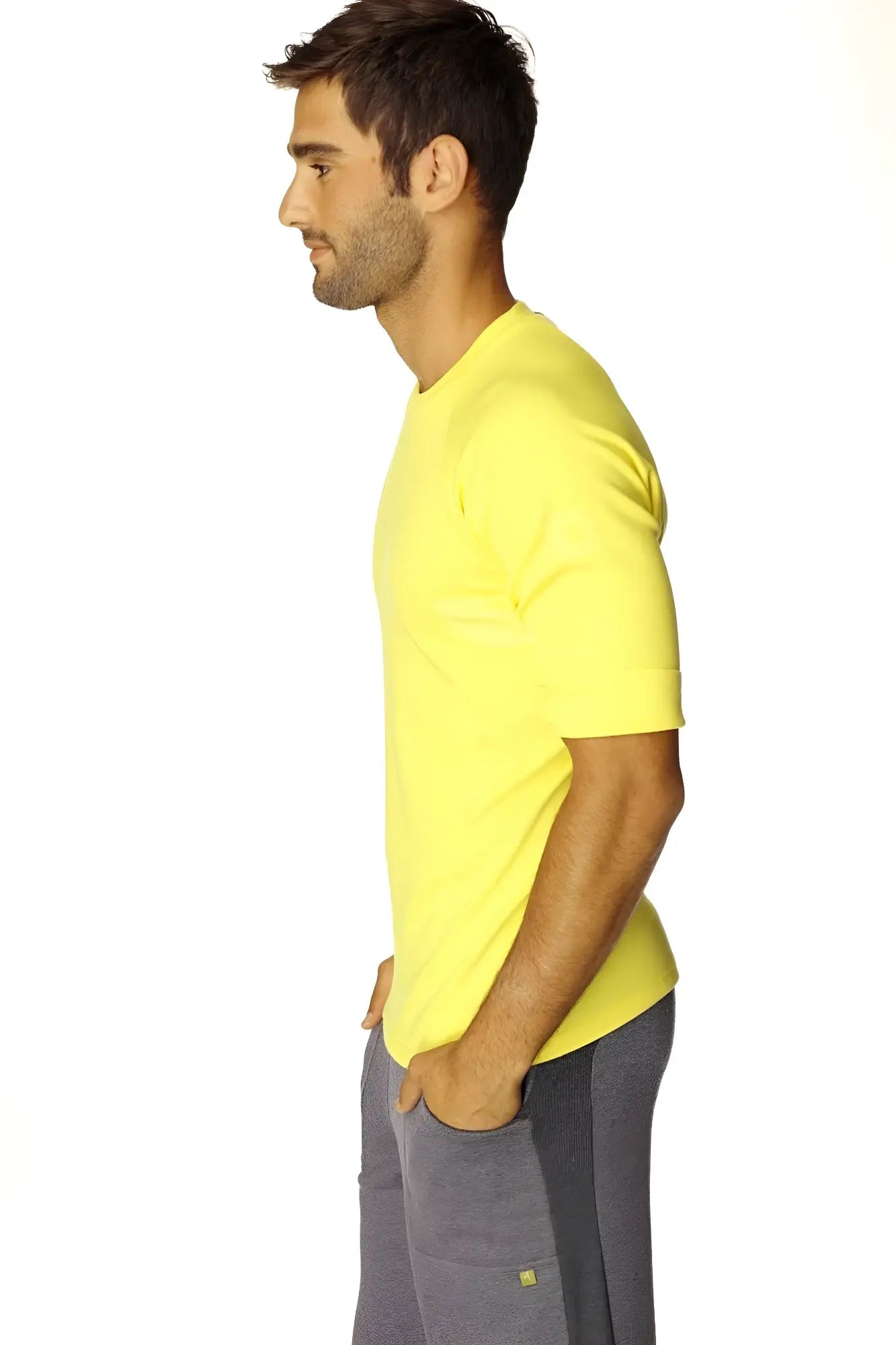 Bright yellow hybrid crew neck raglan tee with short sleeves made from soft breathable material for casual wear