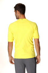 Bright yellow hybrid crew neck raglan tee with short sleeves designed for athletic performance and comfort