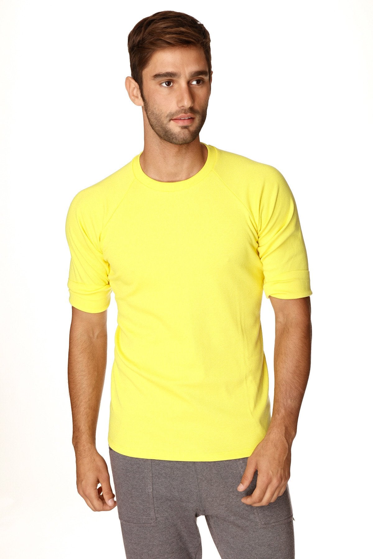 Hybrid crew neck raglan tee yellow short-sleeved bright yellow cotton t-shirt ideal for casual wear