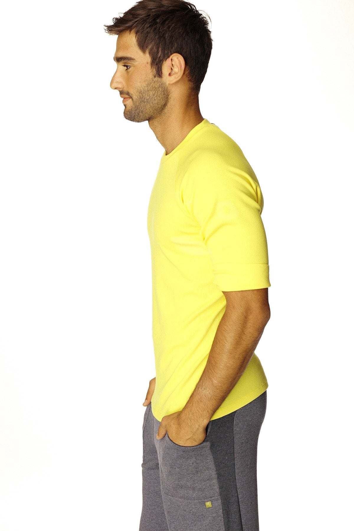 Bright yellow hybrid crew neck raglan tee with short sleeves made from soft breathable material for casual wear