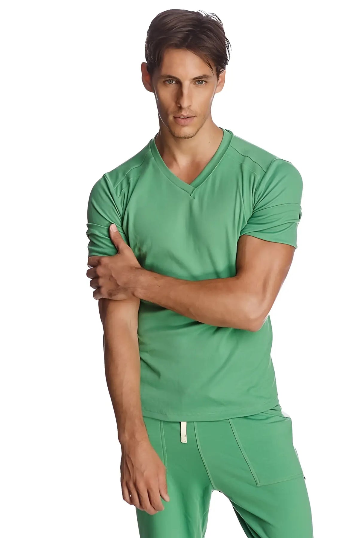 Green hybrid v-neck short-sleeved t-shirt made of soft textured bamboo fabric ideal for casual wear
