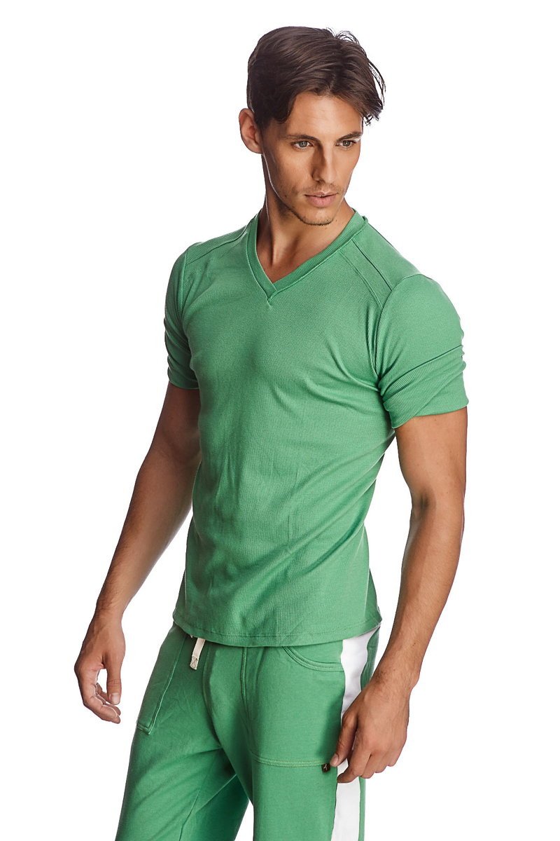 A sleek fitted hybrid v-neck short-sleeve t-shirt in bamboo green with subtle ribbed texture and modern design