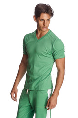 A sleek fitted hybrid v-neck short-sleeve t-shirt in bamboo green with subtle ribbed texture and modern design