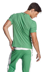 Hybrid v-neck green athletic short-sleeved bamboo t-shirt with subtle texture and white waistband trim