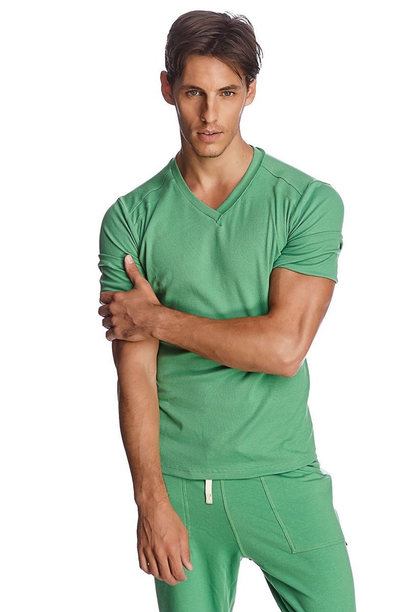 Green hybrid v-neck short-sleeved t-shirt made of soft textured bamboo fabric ideal for casual wear