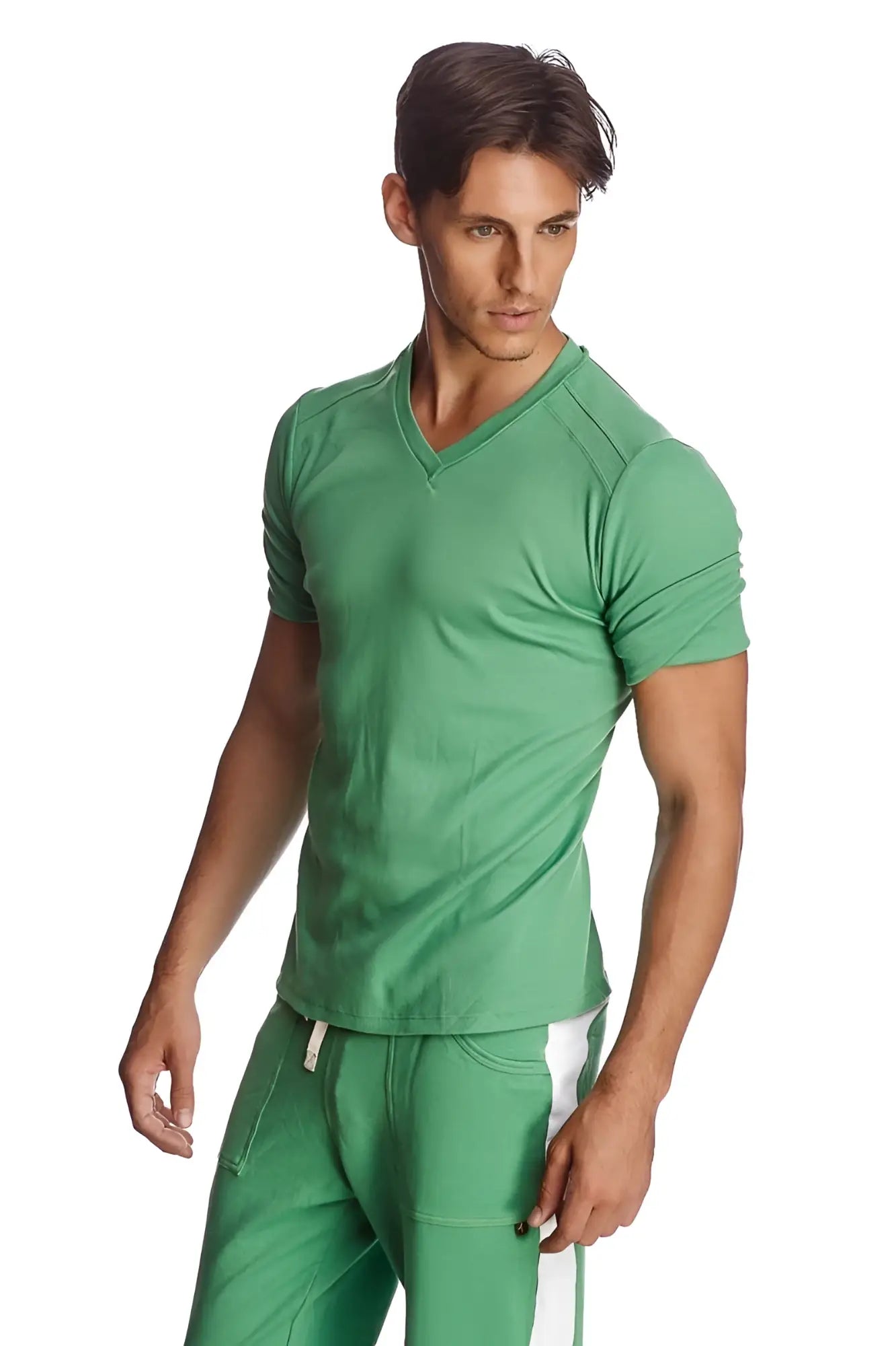 A sleek fitted hybrid v-neck short-sleeve t-shirt in bamboo green with subtle ribbed texture and modern design