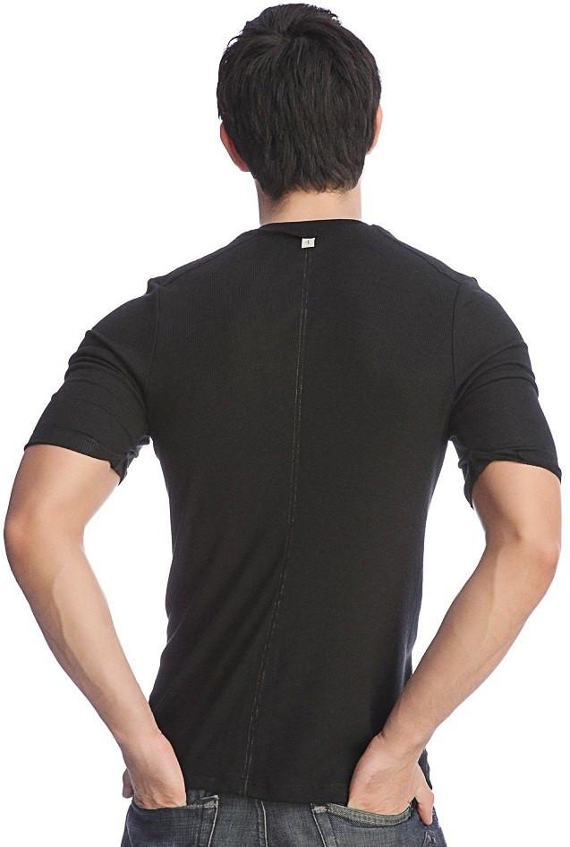 Black short-sleeved hybrid v-neck t-shirt showing back with central zipper detail for casual wear