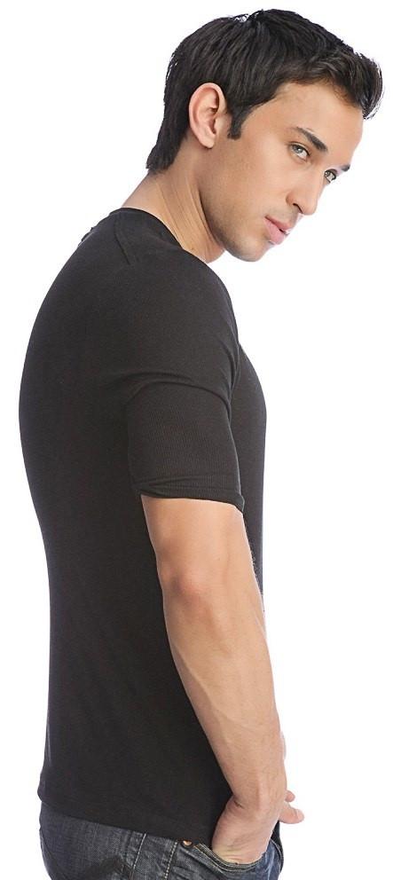 Black hybrid v-neck short-sleeved t-shirt made from soft breathable fabric for casual wear