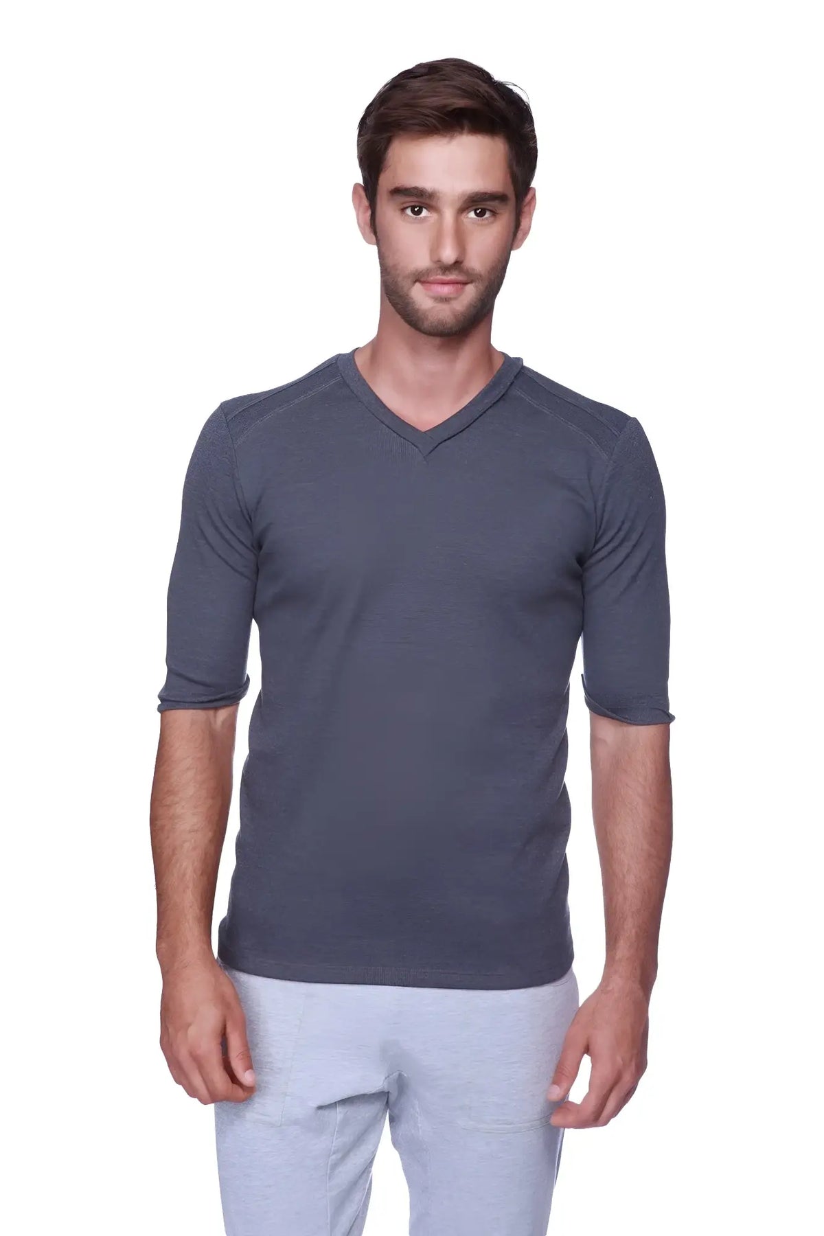 Dark gray textured hybrid v-neck short-sleeved shirt in charcoal fabric for casual wear