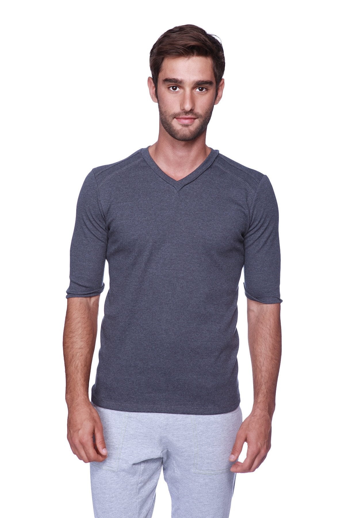 Dark gray textured hybrid v-neck short-sleeved shirt in charcoal fabric for casual wear