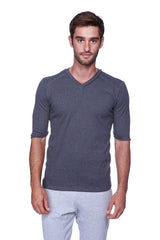 Dark gray textured hybrid v-neck short-sleeved shirt in charcoal fabric for casual wear