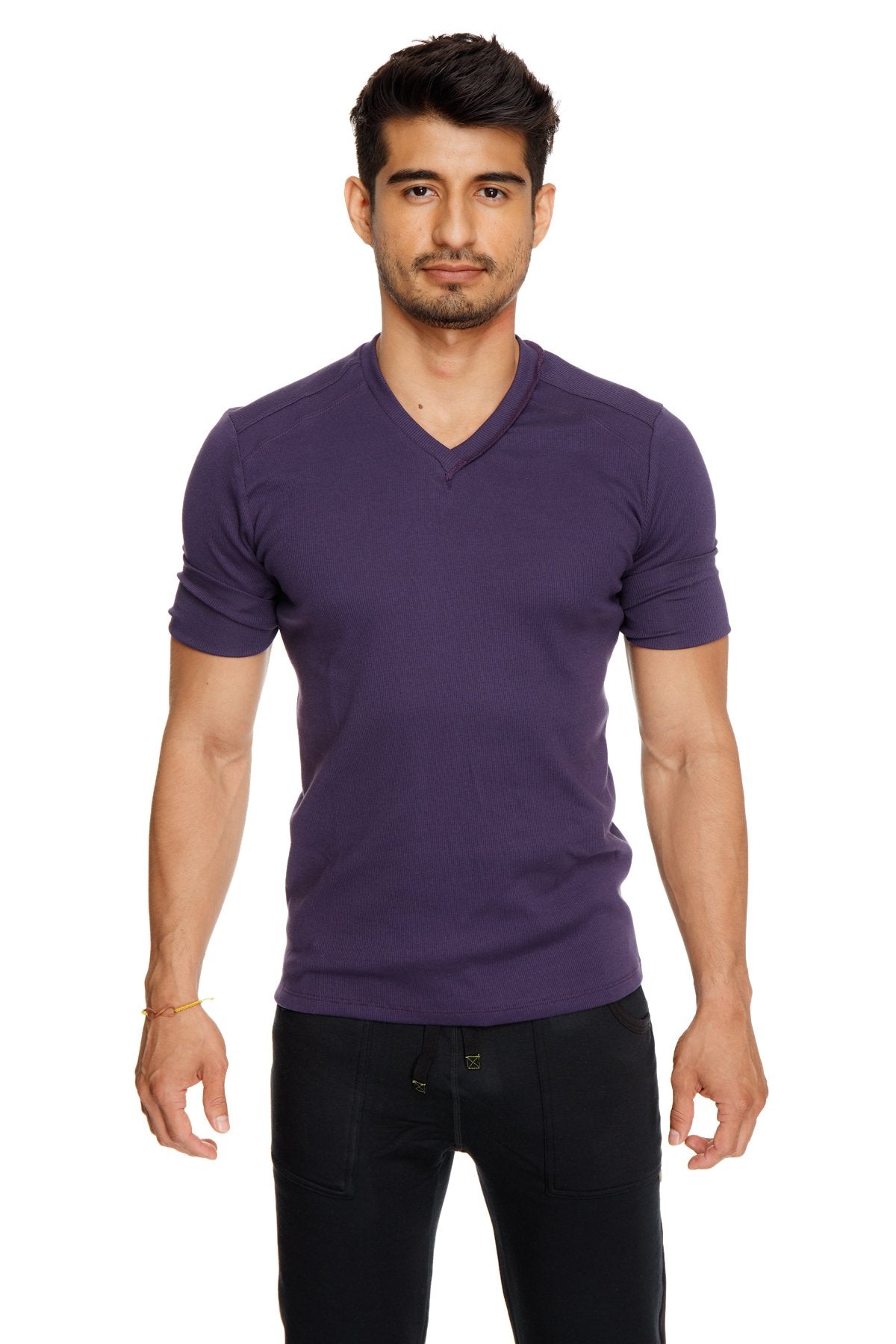 Purple short-sleeved cotton hybrid v-neck t-shirt in eggplant purple with a comfortable casual fit