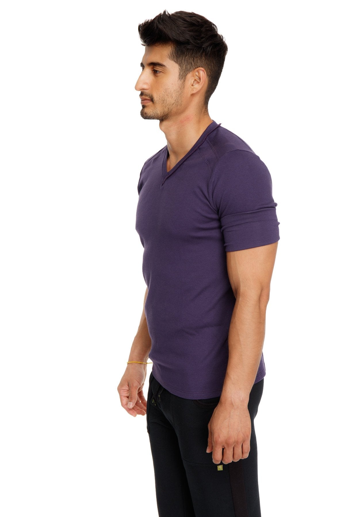 Hybrid v-neck eggplant purple short-sleeved t-shirt made from soft breathable fabric ideal for casual wear