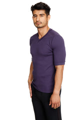 A sleek deep purple hybrid v-neck short-sleeved shirt with smooth form-fitting fabric in eggplant purple