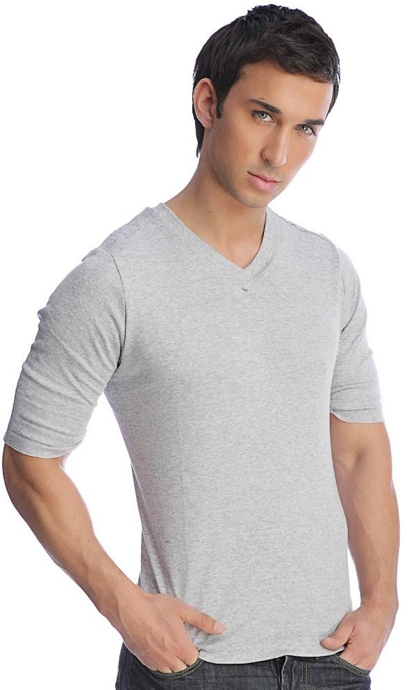 A men’s heather gray hybrid v-neck short-sleeve t-shirt made from soft breathable fabric