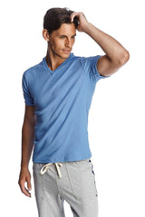 A light blue hybrid v-neck short-sleeved t-shirt with subtle ribbed texture perfect for casual wear
