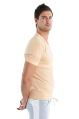 Beige v-neck short-sleeved t-shirt with rolled sleeves and drawstring hem hybrid v-neck sand beige style