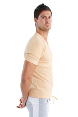 Beige v-neck short-sleeved t-shirt with rolled sleeves and drawstring hem hybrid v-neck sand beige style