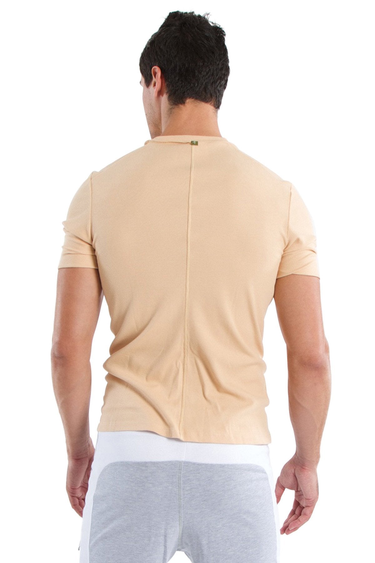 Beige short-sleeved hybrid v-neck t-shirt shown from the back with a central back zipper in sand beige color
