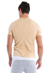 Beige short-sleeved hybrid v-neck t-shirt shown from the back with a central back zipper in sand beige color