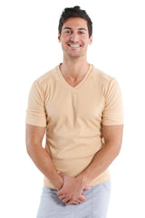 Beige v-neck short-sleeved cotton t-shirt hybrid v-neck sand beige for casual wear