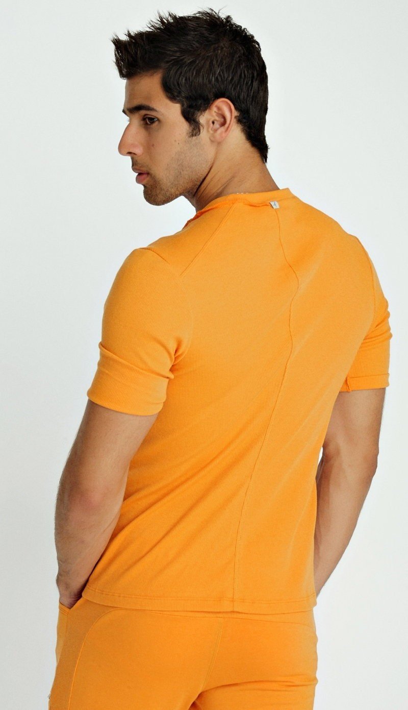 Bright orange short-sleeved hybrid v-neck athletic top with a sleek, form-fitting design for active use