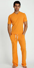 Orange short-sleeved hybrid v-neck t-shirt with matching pants and white drawstrings in sun orange color