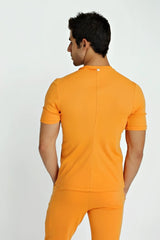Orange short-sleeved fitted hybrid v-neck t-shirt with central back seam and subtle neckline brand tag shown from back