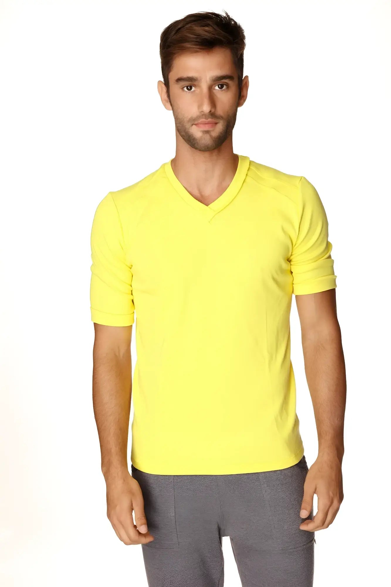 Bright yellow hybrid v neck short sleeve t shirt in tropic yellow showing front design and fabric texture