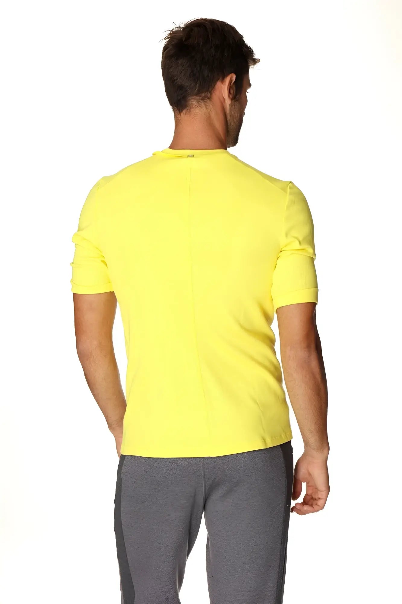 Bright yellow hybrid v neck short-sleeved t shirt with simple crew neck design for casual wear
