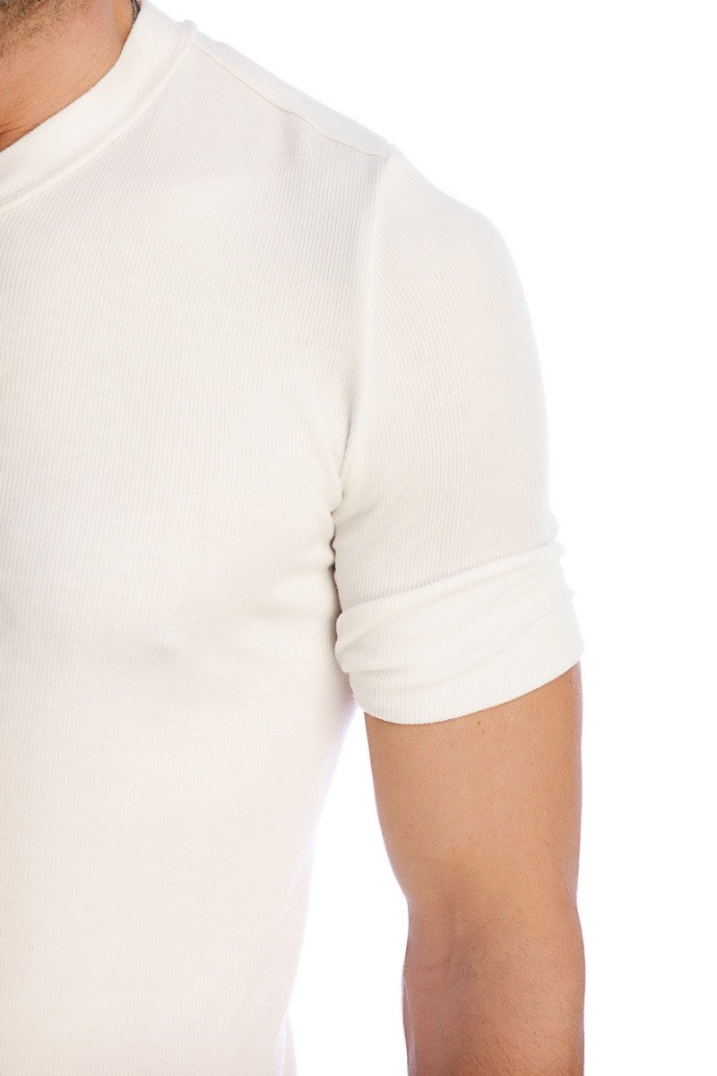A white ribbed short-sleeved t-shirt with crew neck in hybrid v-neck style for casual wear