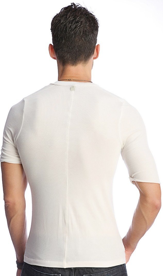 White short-sleeved men’s fitted hybrid v-neck t-shirt with subtle back zipper detail visible from the back side