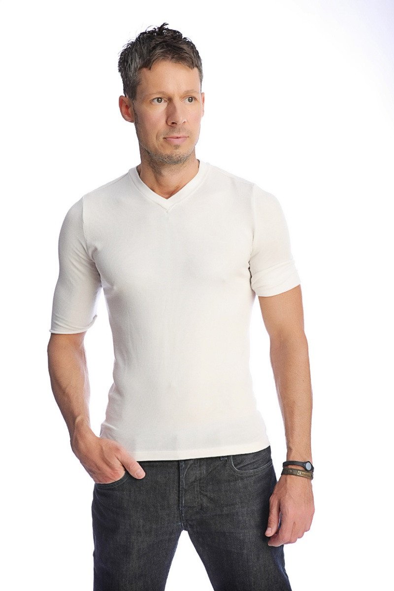 A crisp white hybrid v-neck short sleeve t-shirt with smooth fitted fabric perfect for casual wear
