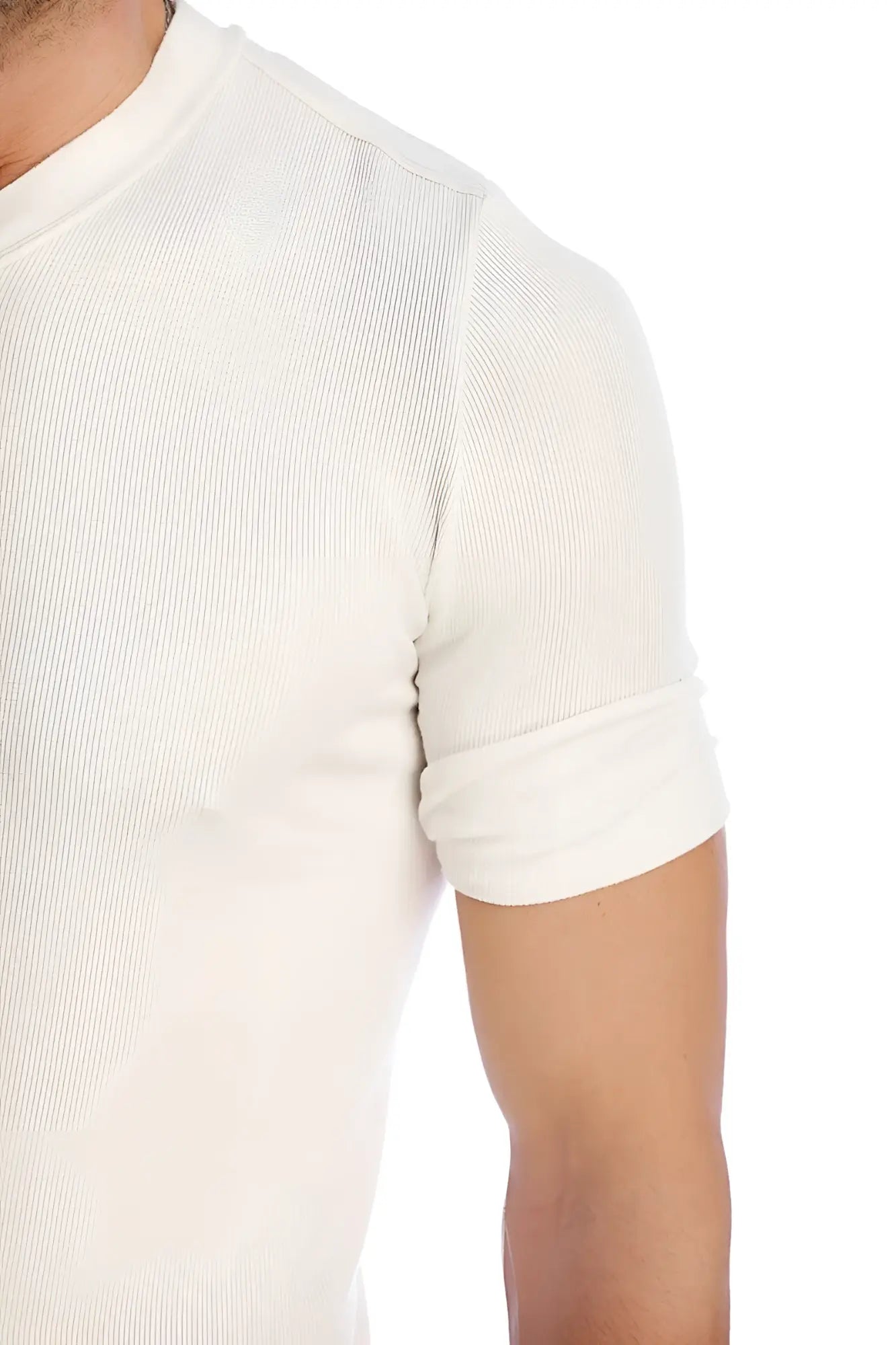 A white ribbed short-sleeved t-shirt with crew neck in hybrid v-neck style for casual wear