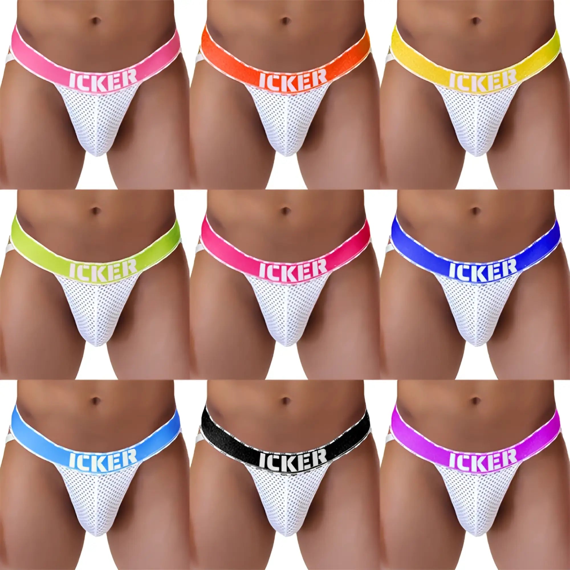 White mesh thong with colorful elastic waistband featuring icker brand name in bold from icker sea 10 pack mesh jock strap