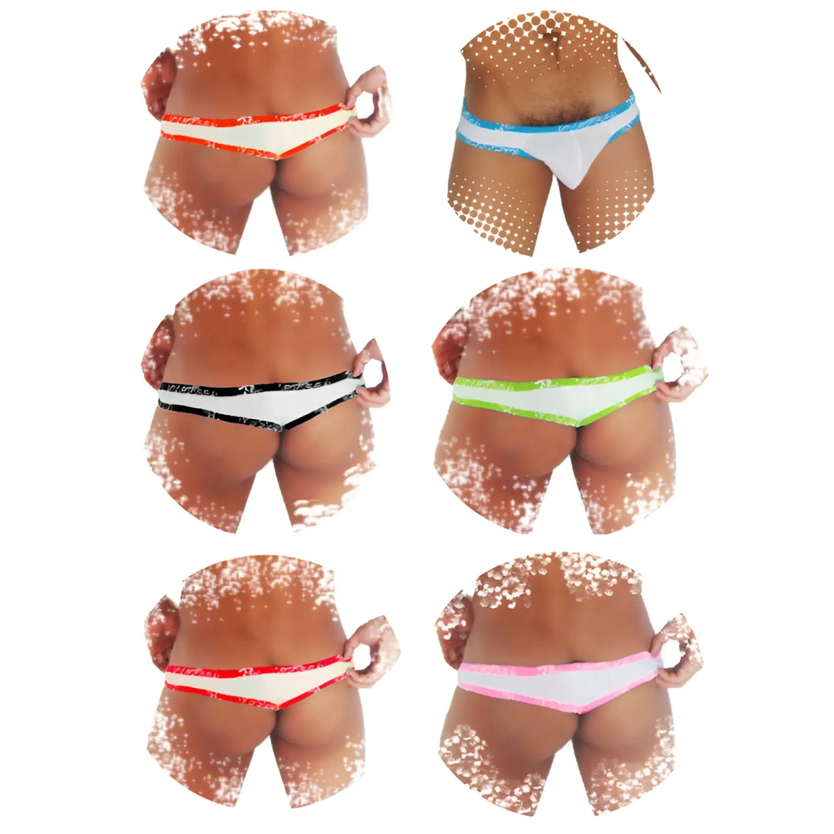 Six pairs of icker sea fresh dots logo trim brazilian thong underwear in white with colorful elastic waistbands