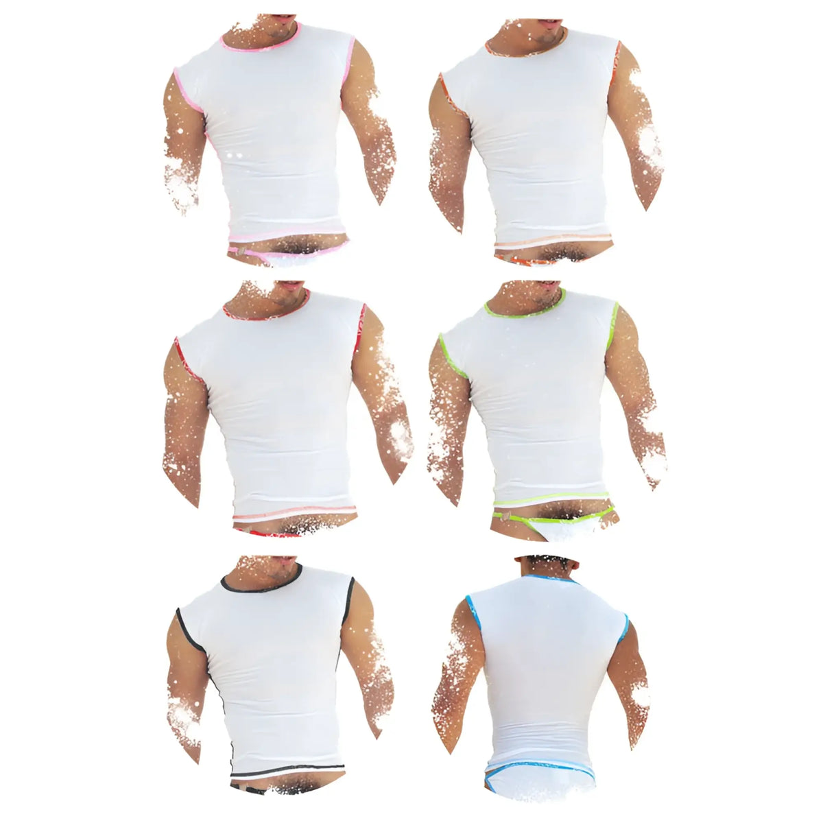 Icker Sea 6 pack fresh dots logo trim white sleeveless athletic tops with pink red green black and blue trim