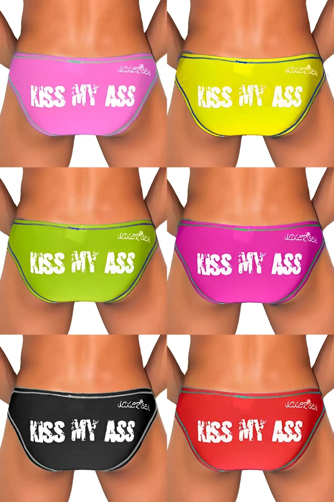 Icker Sea seven pack brightly colored gloss kiss my ass swim trunks in pink neon yellow lime green black and red