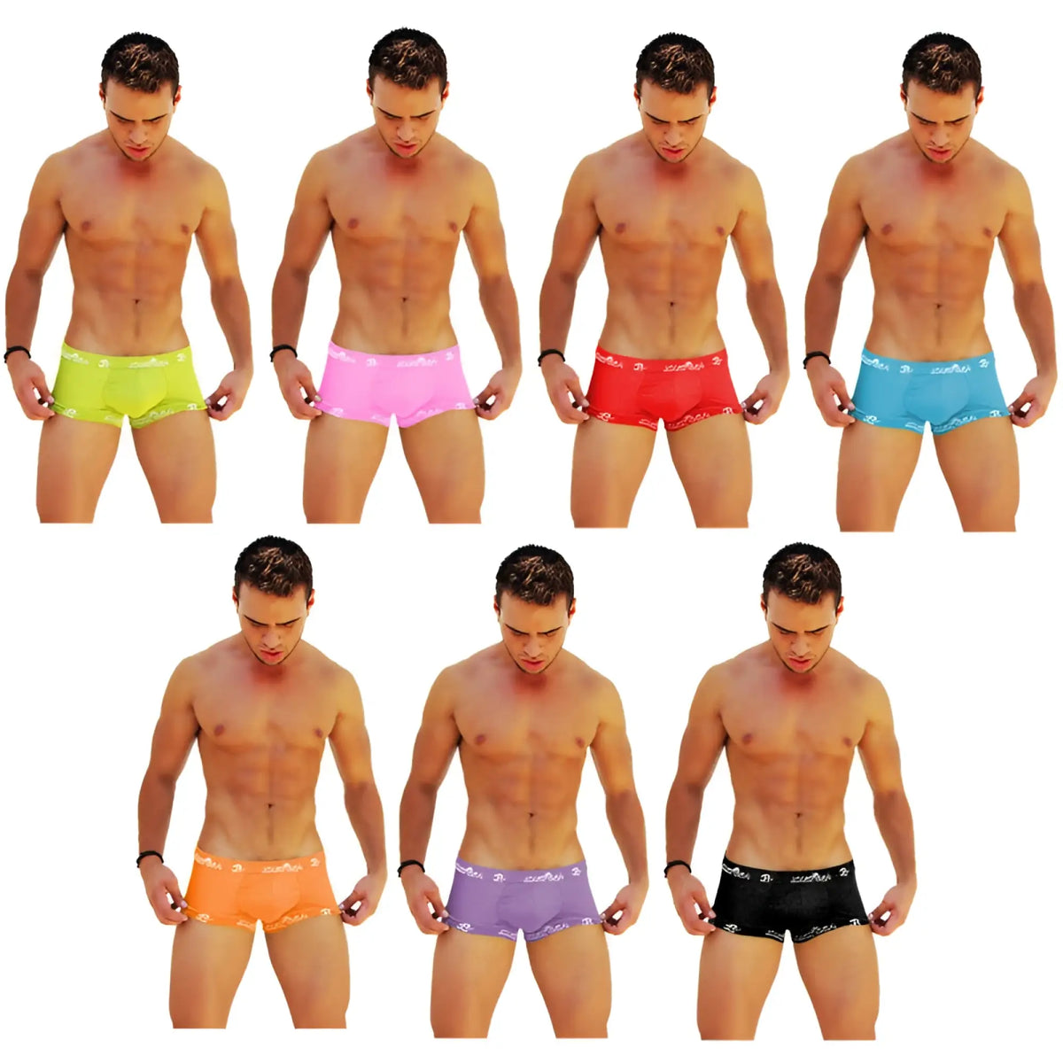 Icker Sea 7 pack logo trim boxer brief underwear in assorted neon colors with white logo waistband trim
