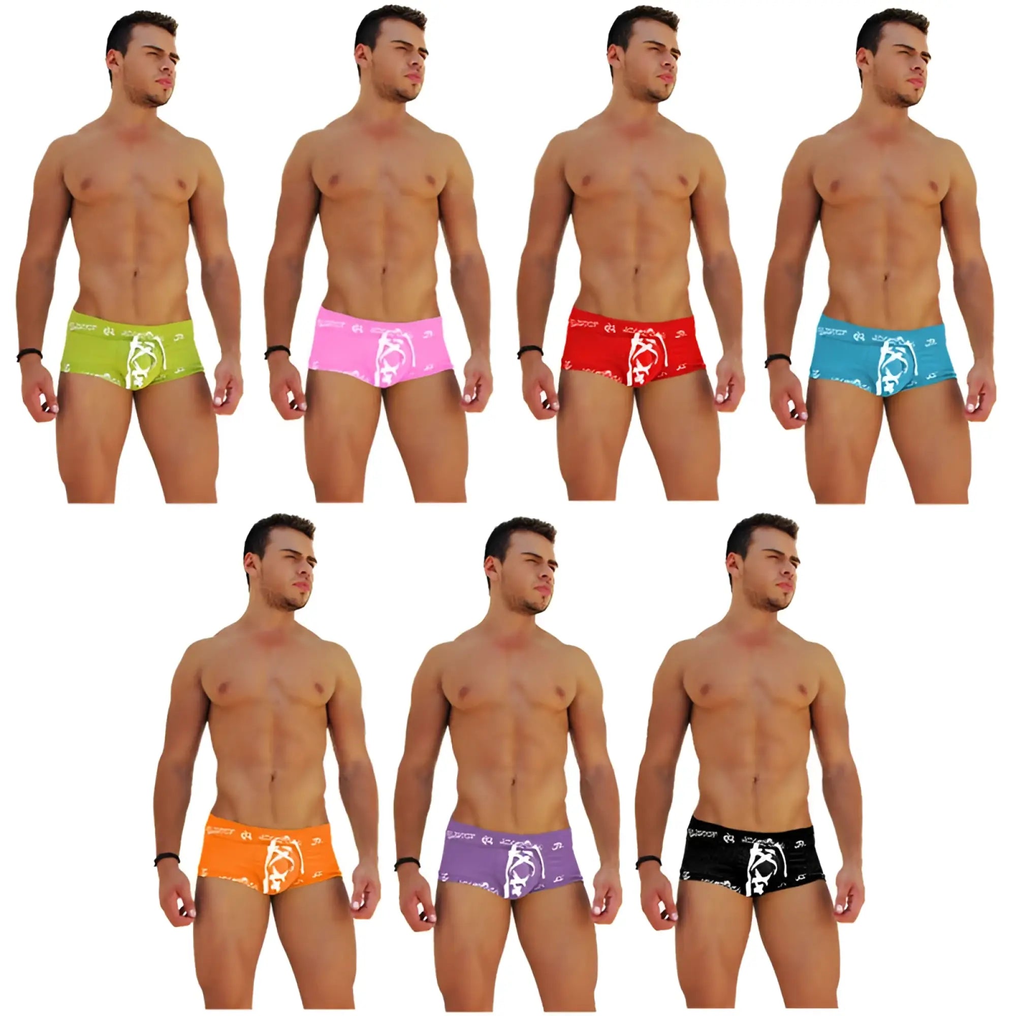 Icker Sea 7 pack logo trim lace front boxer brief underwear in assorted bright colors with white graphic designs