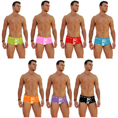 Icker Sea 7 pack logo trim lace front boxer brief underwear in assorted bright colors with white graphic designs
