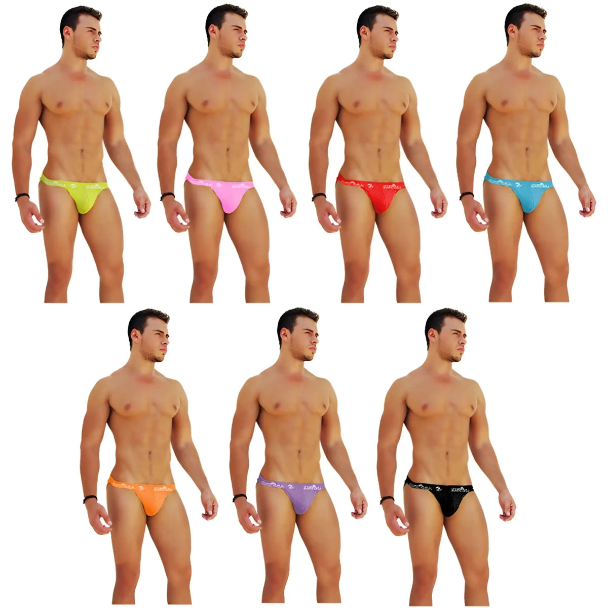 Icker Sea 7 pack logo trim microslip bikini underwear in assorted neon yellow pink red blue orange purple and black colors