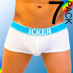 White mesh briefs with bright blue waistband featuring icker brand name in bold white from icker sea 7 pack boxer brief set