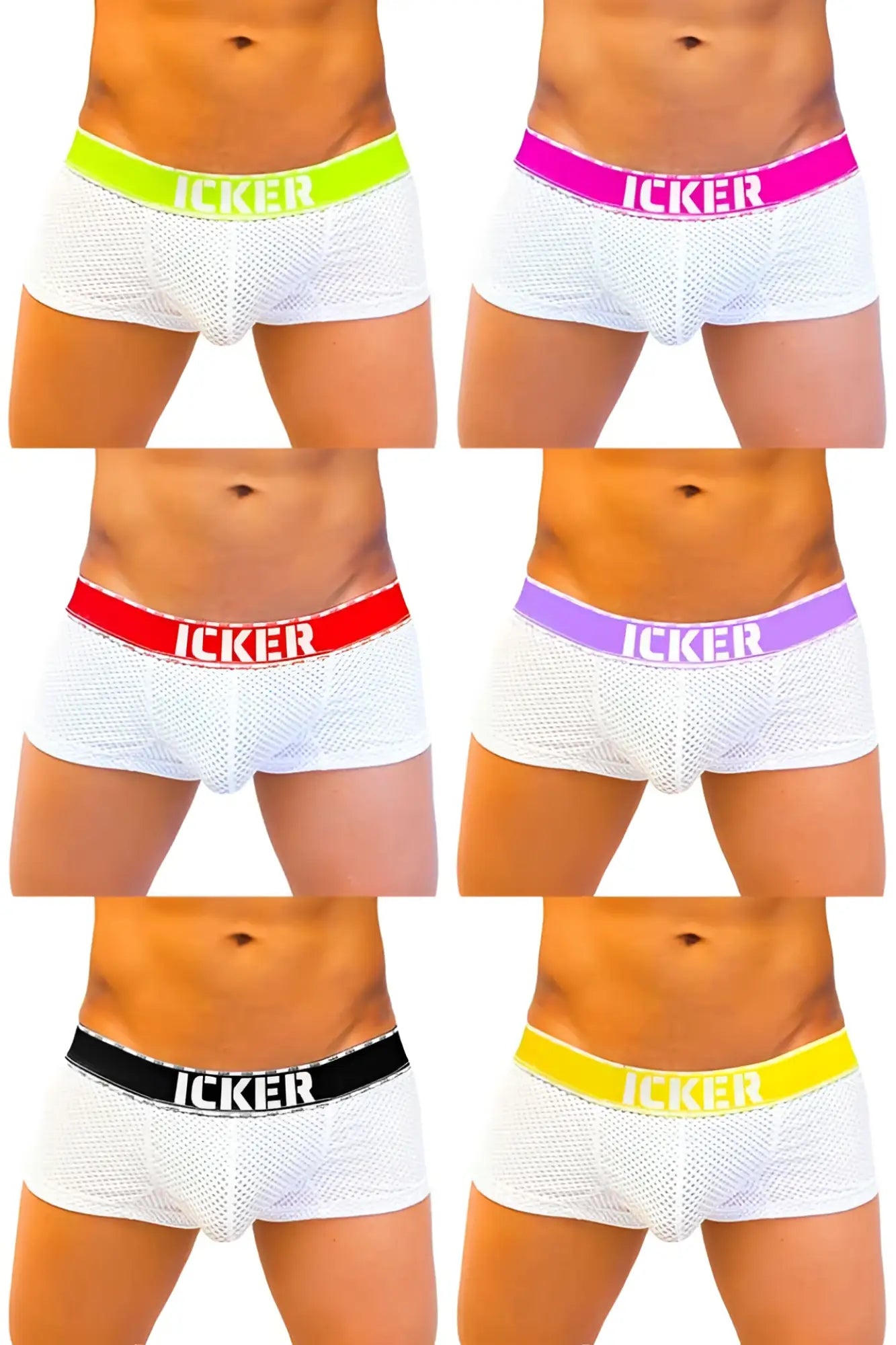 Icker sea 7 pack white mesh boxer briefs with neon green pink red purple black and yellow elastic waistbands